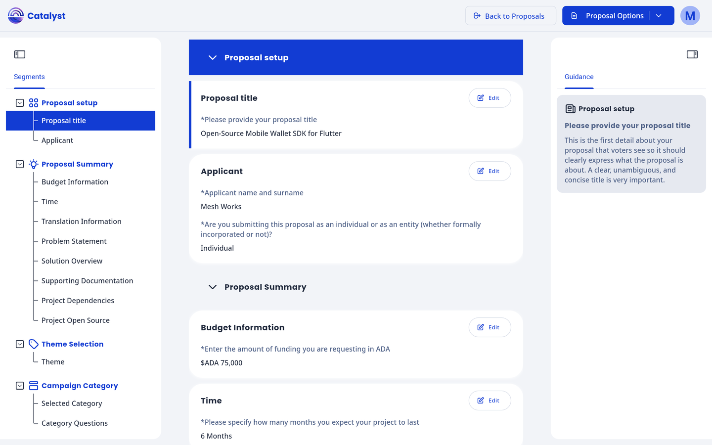 The proposal builder with the segment outline, section cards and a guidance panel.