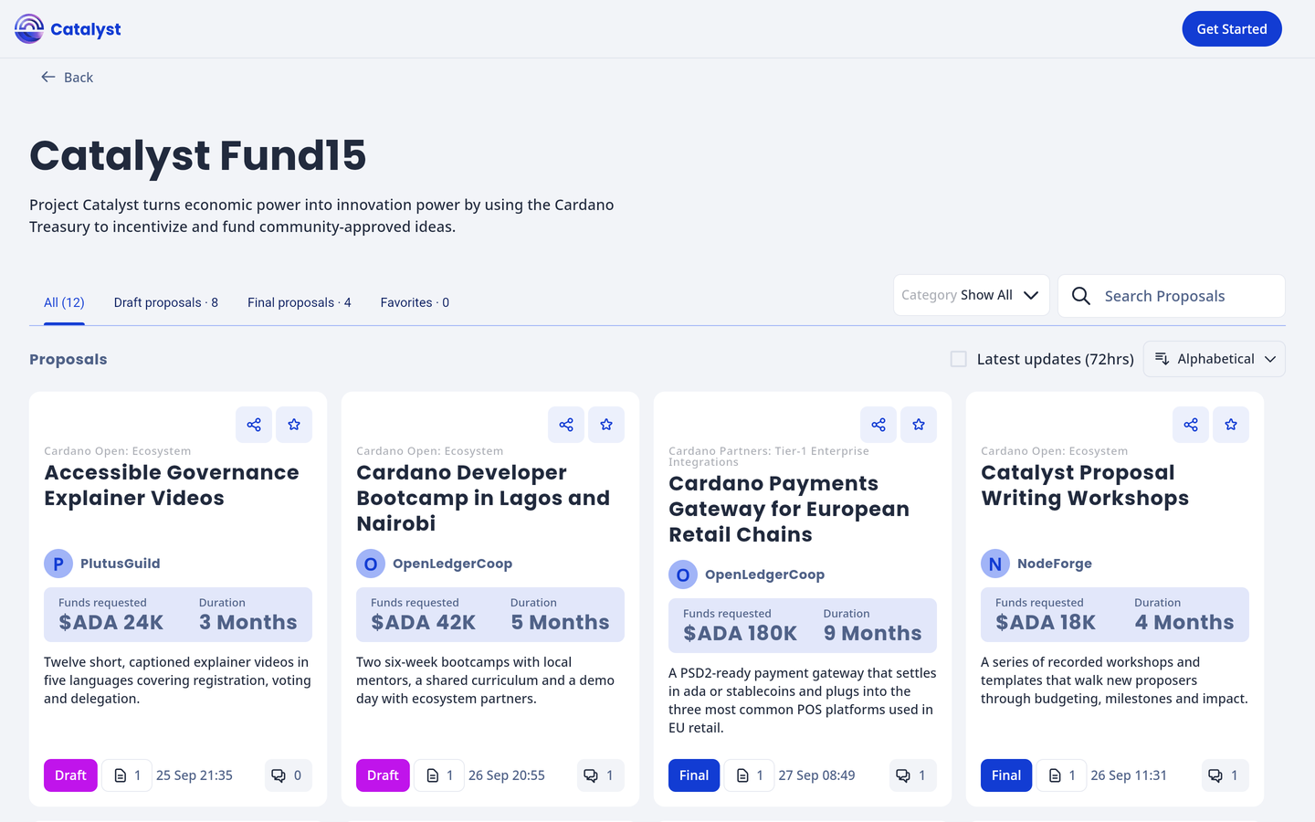 The proposals list with draft and final tabs, a category filter, search, sorting and proposal cards.