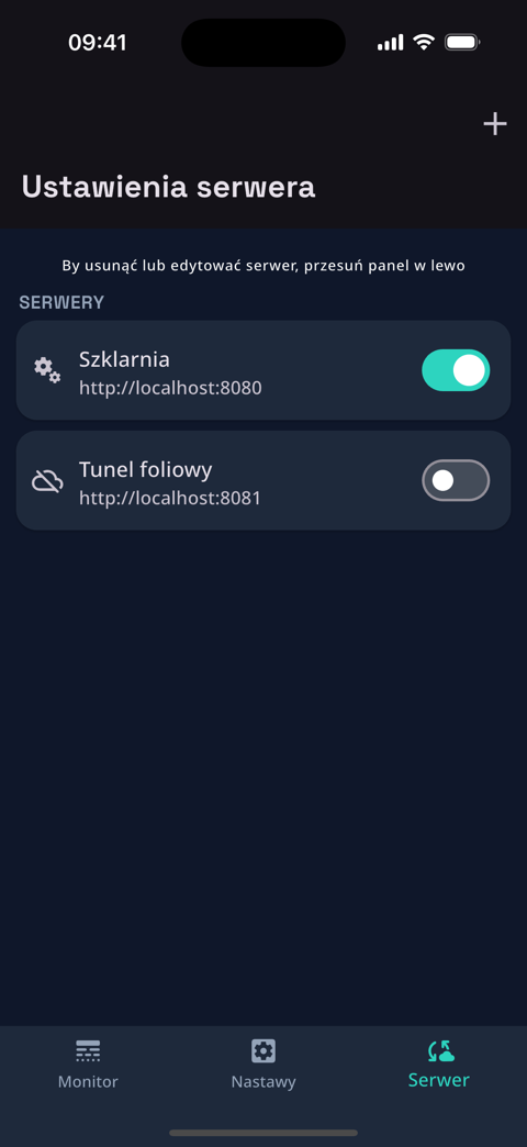 Server list with two saved installations, a greenhouse and a foil tunnel, and a switch showing which one the app is connected to.