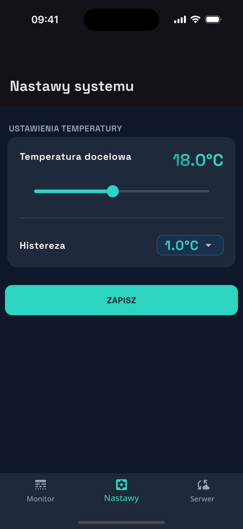 Settings screen with a slider for the target temperature, a hysteresis selector and a Save button.